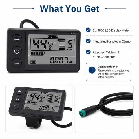 Electric Bike LCD Display Panel For 22.2 Mm Handlebars With Waterproof Plug, Meter For 24V 36V 48V E Bikes, S866 Compatible Digital Display Screen, Fits Road, Mountain, And Commuter Ebikes, Stable Mounting For City Streets