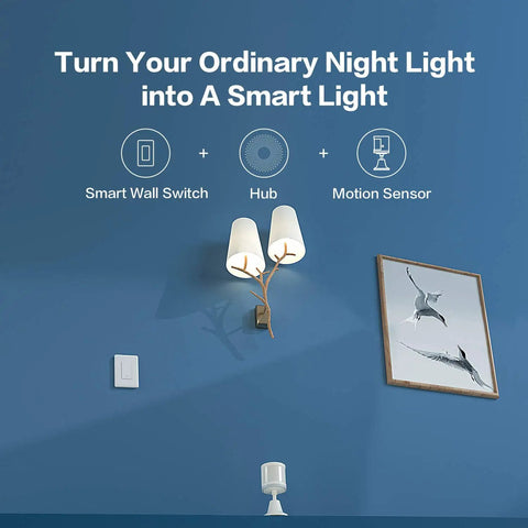 Must Have Smart Light Switch No Neutral Single Rocker For Your Smart Home Setup Hub Required Sold Separately 2.4 GHz Wi Fi Compatible Easy Install With Voice Control Ready In Wall Lighting Upgrade on blue wall with lamp and wall art