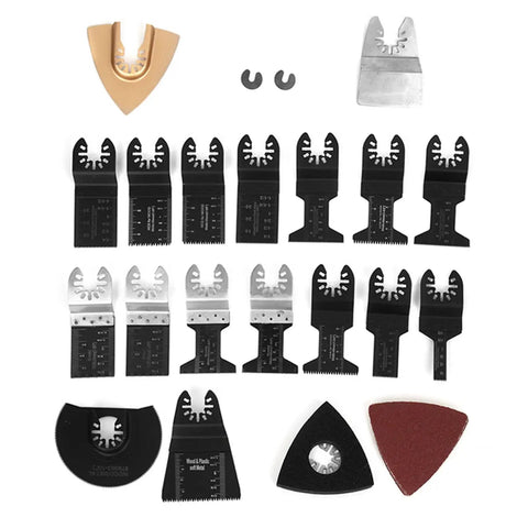 All Purpose Oscillating Tool Blades Kit, 26Pcs High Carbon Steel Universal Set laid out in a grid for cutting and polishing