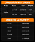 Chart showing compatibility of Electric Fuel Pump Module Assembly for 2009-2010 Dodge Ram 1500 V6 3.7L V8 5.7L with OE numbers.