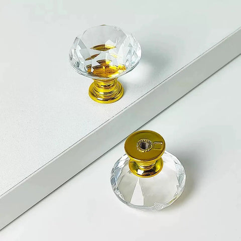 Two Pack Premium Crystal Glass Cabinet Handles Slick Luxury Modern Pulls for Cabinets and Drawers Golden Finish 20mm Diameter