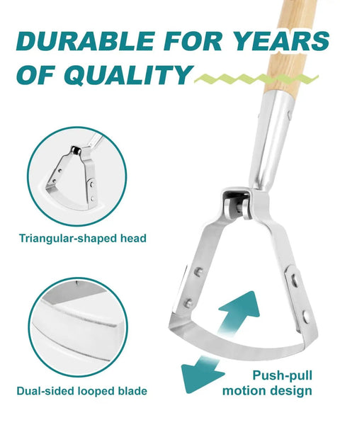Stirrup Hoe Weeding Tool With 16 Inch Hardwood Handle, Oscillating Loop Hoe showing triangular head and dual-sided blade