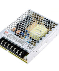 Top Tier 100 Watt Enclosed Power Supply 5V 18A DC With Universal AC Input And UL Approval For LED Lighting and Automation Gear in silver housing.