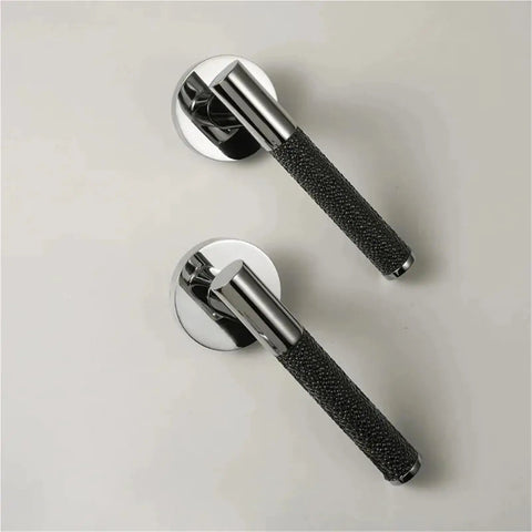 Brass Black Lychee Skin Door Lock Set Modern Style Interior Bedroom And Bathroom Dummy Handle Hardware Locks on white surface