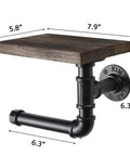 Industrial Dope Pipe Toilet Paper Holder With Wooden Shelf Rustic Wall Mount Roll Holder For Bathroom And Washroom Sturdy Metal Pipe Design With Storage Shelf Modern Farmhouse Decor. Dimensions included.