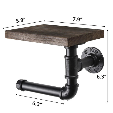 Industrial Dope Pipe Toilet Paper Holder With Wooden Shelf Rustic Wall Mount Roll Holder For Bathroom And Washroom Sturdy Metal Pipe Design With Storage Shelf Modern Farmhouse Decor. Dimensions included.