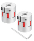 Beefy 2 Pack D30 L35 10mm To 14mm Flexible Plum Shaft Coupling Aluminum Motor Connector For 3D Printer CNC Machine And Servo Stepper Motors Silver Tone And Red with hex wrench shown.