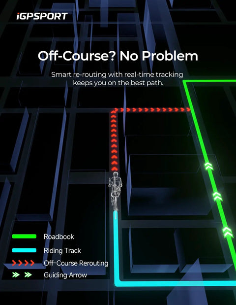 Screen showing real-time rerouting for BiNavi Bike Computer With Touch Screen Map Navigation And Wireless GPS, black.