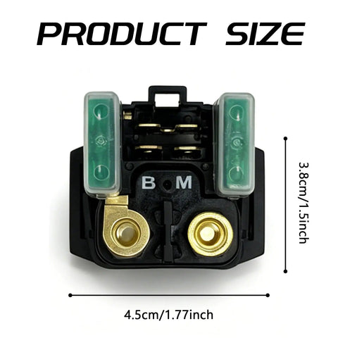 Rock Solid And Built Tough Heavy Duty 30A Starter Solenoid Relay dimensions 4.5cm x 3.8cm, copper terminals, top view.