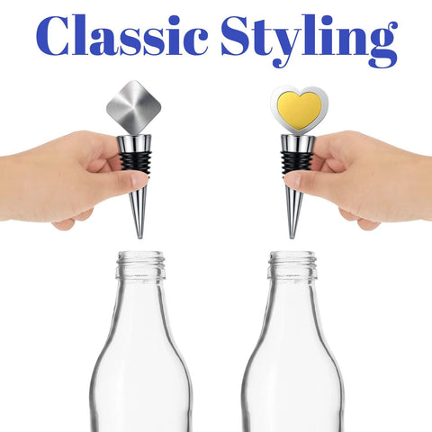 Front view of 8-piece stainless steel wine bottle stopper kit with heart and square-top designs