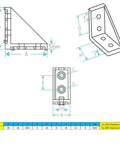 Technical drawing of 2040 Corner Bracket Connector Set 20 Pack Aluminum Extrusion 90 Degree Brackets with measurements in mm