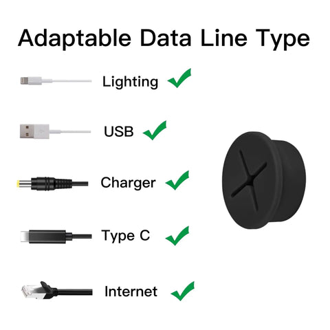 18 Pack Flexible Silicone Desk Cable Grommets With 1 Inch Hole Saw Heavy Duty Cord Hole Covers For Office Tables And Wall Panels Black, showcasing adaptable data line types.