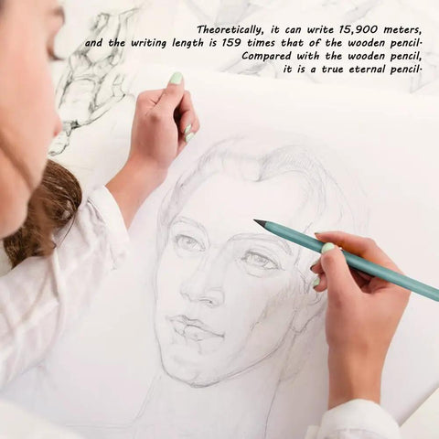 Person sketching a portrait with Everlasting Inkless Pencil Set With 10 Reusable Pencils, 20 Erasers And 10 Replaceable Nibs