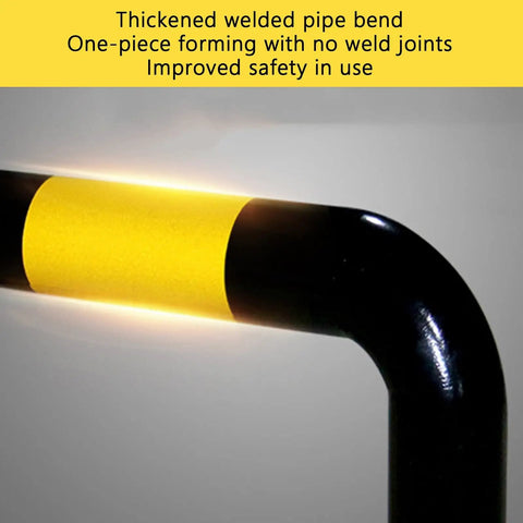 Close-up of Heavy Duty Industrial Guard Rail With U Shaped Anti Collision Bar Floor Mounted Bolt In Installation Yellow With Black Stripe