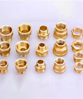 Brass Bushing Adapter Kit 5-Piece Set showing various brass hex bushings for 1 NPT male to 1/2 NPT female threads.