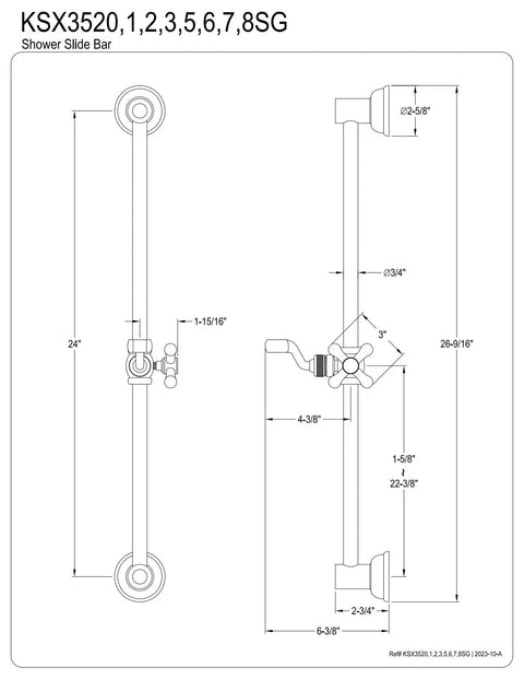 Diagram of 24 Inch Brushed Nickel Shower Slide Bar With Adjustable Ergonomic Holder And Cross Handle Wall Mount dimensions