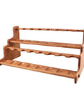 Premium Solid Wood Pipe Stand Featuring 16 Custom Cubbies Double Tier Desktop Tobacco Display Rack side view on white background.