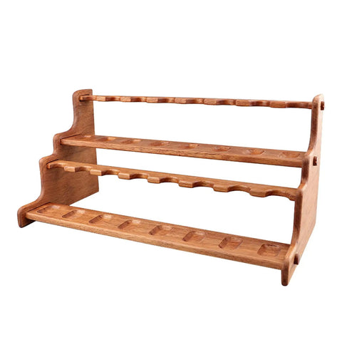 Premium Solid Wood Pipe Stand Featuring 16 Custom Cubbies Double Tier Desktop Tobacco Display Rack side view on white background.
