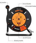 Front view of Extension Cord Storage Reel With 4 Grounded Outlets, Heavy Duty Open Cord Reel For 12/3 14/3 16/3 Gauge Power Cords.