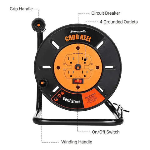 Front view of Extension Cord Storage Reel With 4 Grounded Outlets, Heavy Duty Open Cord Reel For 12/3 14/3 16/3 Gauge Power Cords.