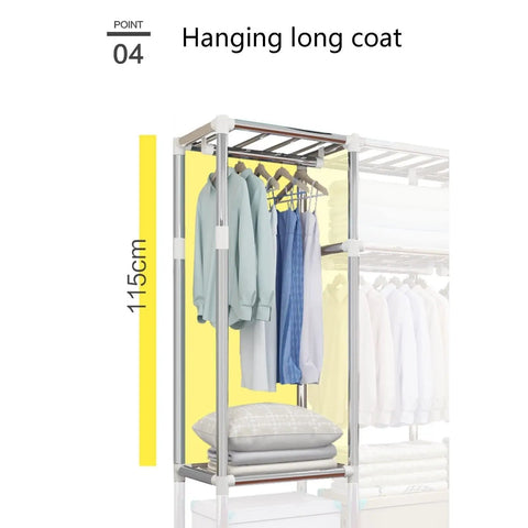 Hanging long coat on Portable Fabric Wardrobe Steel Frame Foldable Closet Organizer Dustproof Waterproof Heavy Duty Thick Nylon Storage Cabinet Room Divider.