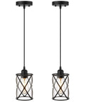 Black Glass Pendant Lights Two Pack With Clear Glass Cylinders, Industrial Farmhouse Cage Hanging Lights for kitchen