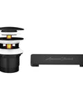 Slick Matte Black Freestanding Tub Overflow Cover And Pop Up Drain Kit With Sleek Escutcheon Plate For Bathroom Vibe Check Tight Fit And Zero Hassle Setup showing components including drain and escutcheon plate.