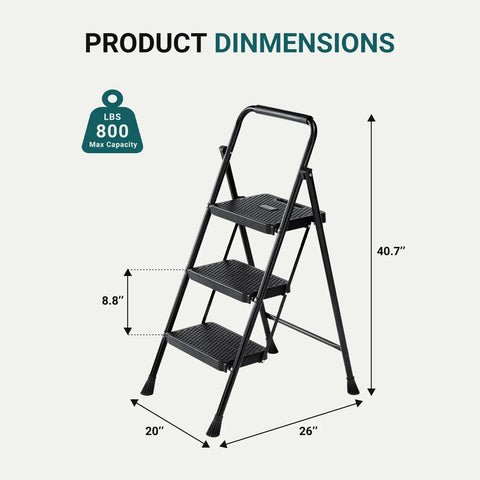 Built Tough Heavy Duty Steel Step Ladder With Anti Slip Pedal And Comfortable Handrail 800 Pounds Capacity Portable 3 Step