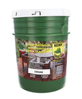 Premium Exterior Wood Stain And Sealer In One Semi Transparent Cedar Color Heavy Duty Formula Tough As Nails With Strong Uv Block For Decks Fences And Siding Built Like A Tank Easy 5 Gallon Pour in green bucket.