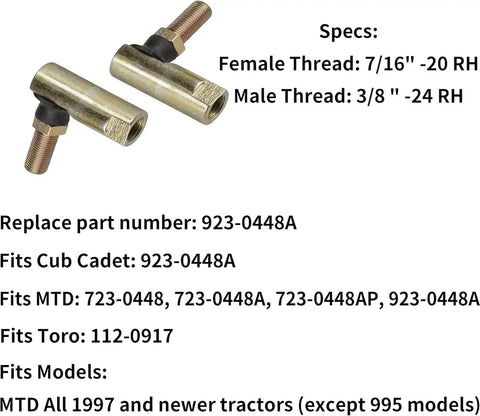 Ball Joints For Mtd Mowers Two Pack Replaces 723 0448 723 0448A 923 0448A 112 0917 Fits 1997 And Later Lawn Tractors Includes Right Hand Female Thread And Left Hand Male Thread For Easy Install Heavy Duty Upgrade, 7/16-20 and 3/8-24 RH