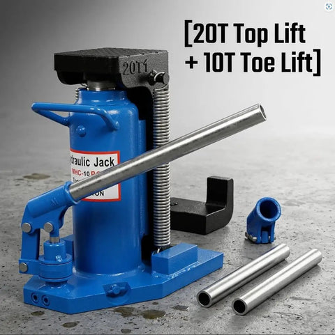 Tough As Nails Double Action Hydraulic Toe Jack with 20 ton top lift and 10 ton toe lift in blue metal design.