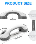 2 Pack 12 Inch Grab Bars With Strong Hold Suction Cup Grip For No Slip Shower And Bath Safety in grey matte plastic, product dimensions shown.