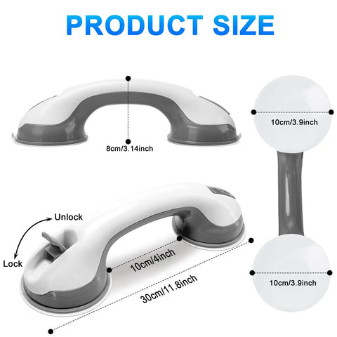 2 Pack 12 Inch Grab Bars With Strong Hold Suction Cup Grip For No Slip Shower And Bath Safety in grey matte plastic, product dimensions shown.