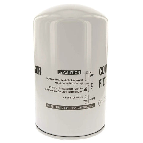 Straight Swap Heavy Duty Spin On Oil Filter For Commercial Air Compressors Industrial Machinery High Efficiency Replacement, white canister with caution label.