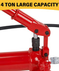 Close-up of Industrial Grade 10 Ton Hydraulic porta power pack showing the chrome ram plunger and painted finish for truck repair.