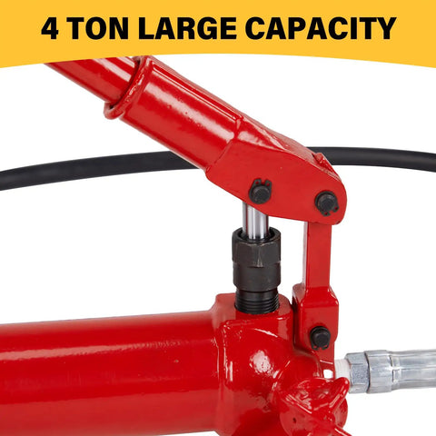 Close-up of Industrial Grade 10 Ton Hydraulic porta power pack showing the chrome ram plunger and painted finish for truck repair.
