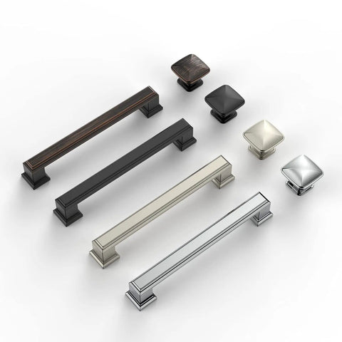 Various cabinet handles and knobs displayed including the 25 Pack Matte Black Cupboard Drawer Knobs For Kitchen Cabinets And Dressers Zinc Alloy Single Hole Cabinet Handles Easy Install Fingerprint Resistant Durable DIY Friendly Hardware.