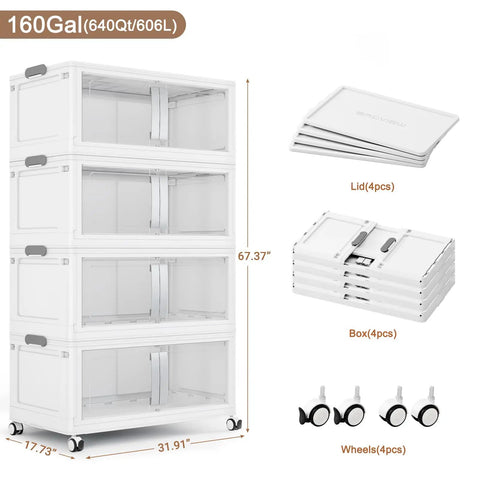 Straight Up Heavy Duty Storage Bins With Secure Lids Four Pack White Hella Spacious Plastic Containers For Garage Bedroom Big Time Organization Smooth Rolling Casters, stackable design with 4 lids and wheels.