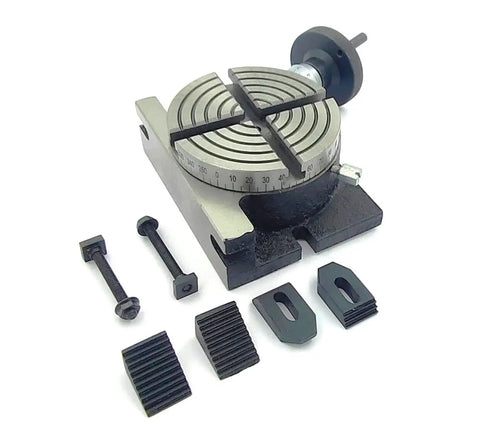 Four Inch Rotary Table For Milling Machines With Four Slots And M6 Clamp Kit, Calibrated 0 To 360 Degrees, visible with accessories