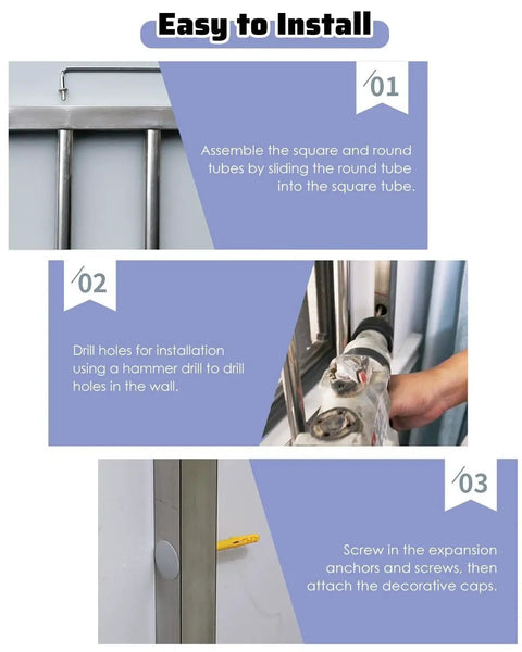 Easy installation steps for Heavy Duty 304 Stainless Steel Window Security Bars And Balustrades showing assembly and tools used.