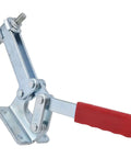 Beefy Yet Precise Heavy Duty Toggle Clamp With 630kg Holding Force, shown with red handle, iron body and bolts, side view