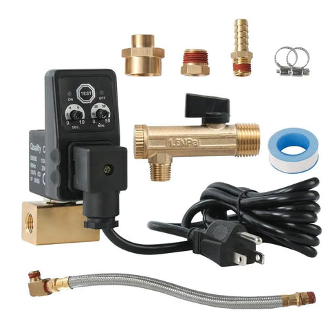 Automatic Electronic Tank Drain Kit With Timer Operated Air Drain Valves For Air Compressors, includes MNPT fittings and steel tube.