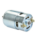 Smooth Riding DC Motor 775 Upgrade Kit Featuring Dual Ball Bearings That Kick Some Serious Torque At 12000 RPM close up view of motor with metal casing.