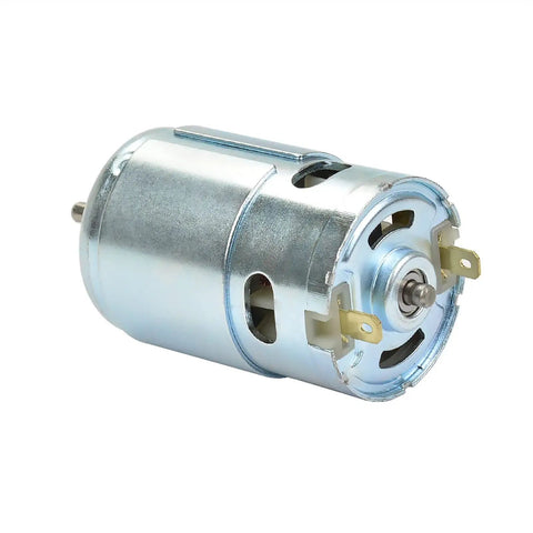 Smooth Riding DC Motor 775 Upgrade Kit Featuring Dual Ball Bearings That Kick Some Serious Torque At 12000 RPM close up view of motor with metal casing.