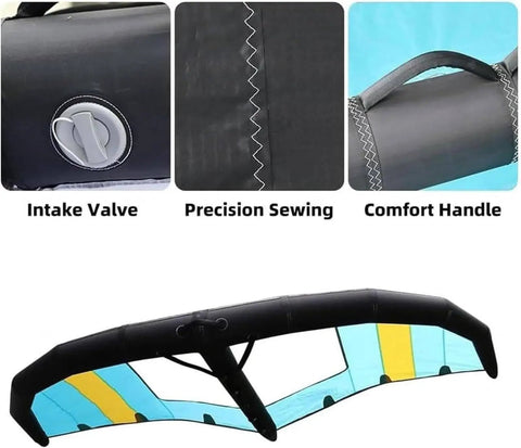 Inflatable Surfboard For Windsurfing And Wing Surfing With Totally Portable Handheld Foil Wing Kite; details include valve and handle