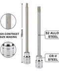 Close-up of 12 Piece 3/8 Inch Drive Extra Long Torx Bit Socket Set with CR V Chrome Vanadium and S2 Steel Bits, 5.9 Inch Reach.