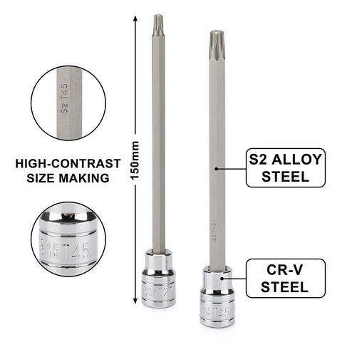 Close-up of 12 Piece 3/8 Inch Drive Extra Long Torx Bit Socket Set with CR V Chrome Vanadium and S2 Steel Bits, 5.9 Inch Reach.