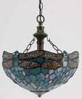 Sea Blue Stained Glass Dragonfly Tiffany Pendant Light Plug In 12 Inch Hanging Lamp, featuring intricate dragonfly design.