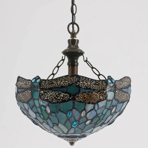 Sea Blue Stained Glass Dragonfly Tiffany Pendant Light Plug In 12 Inch Hanging Lamp, featuring intricate dragonfly design.