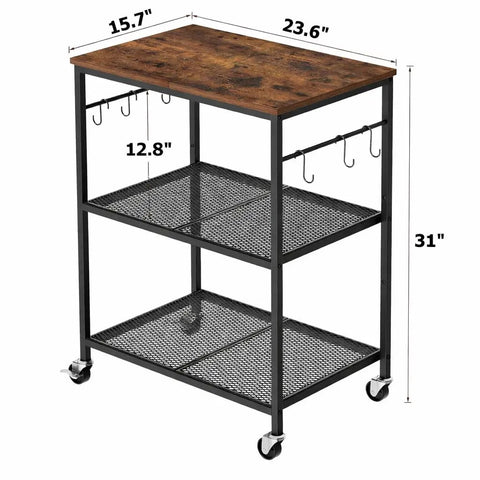 Smooth Rolling 3 Tier Kitchen Microwave Cart Sturdy Steel Build Easy Glide Casters dimensions showing top wood surface and wire shelves.